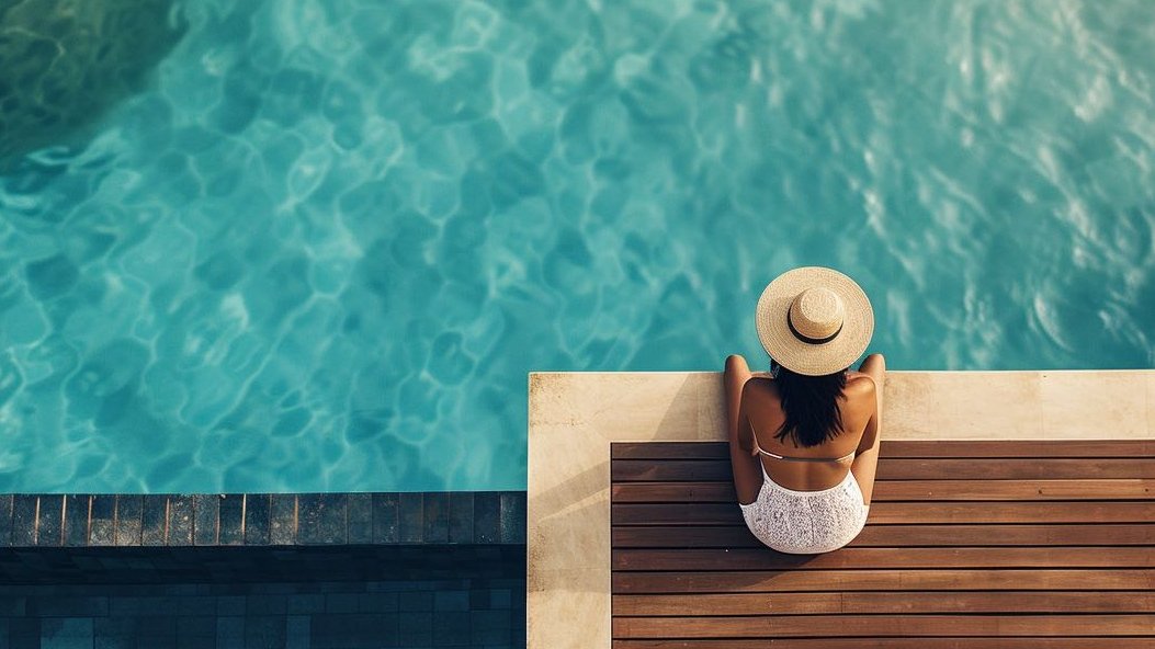 Woman on vacation looking over board into water