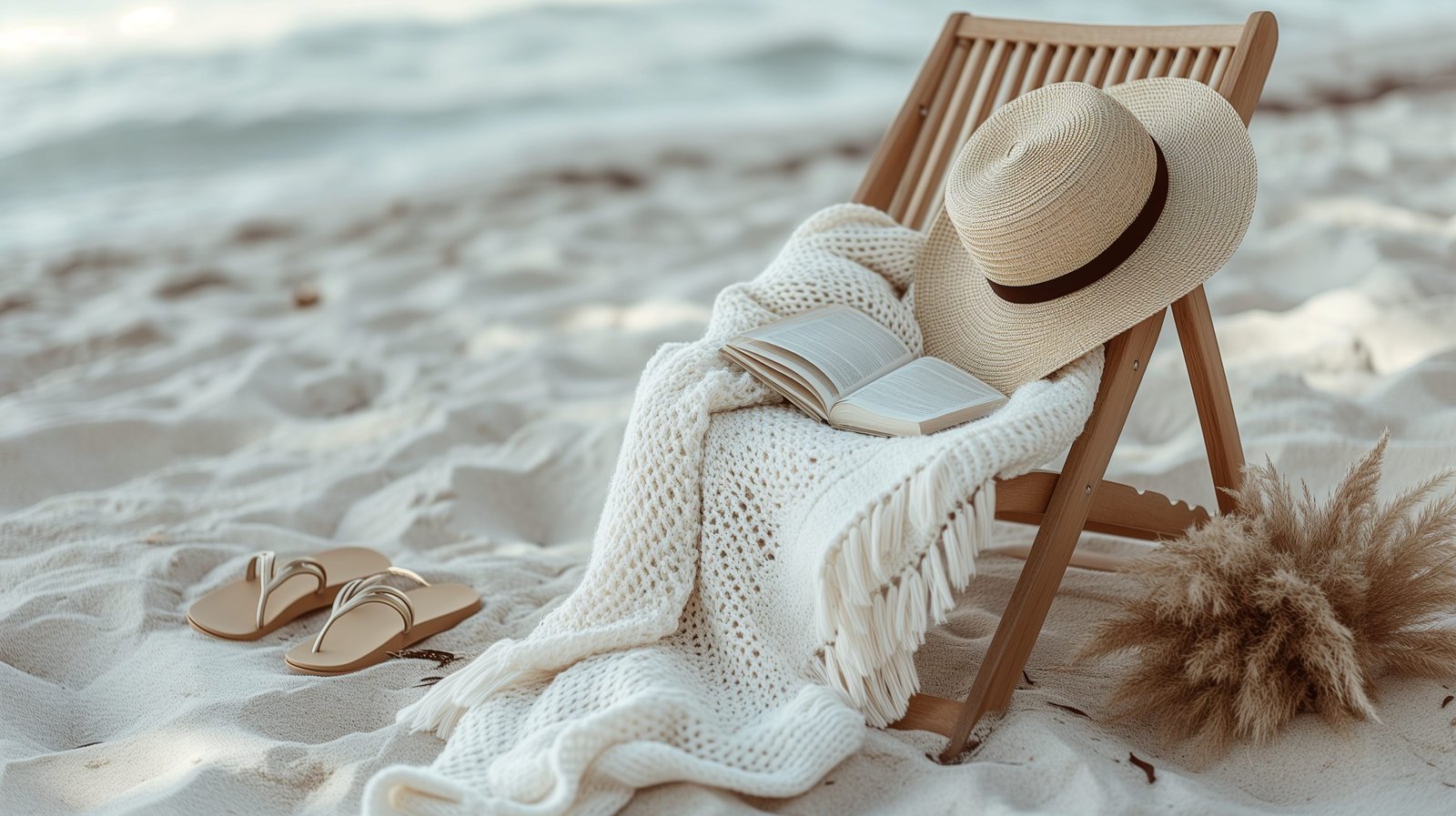 Woman white blanket in beach chair with hat and sandals ready for leisure on vacation